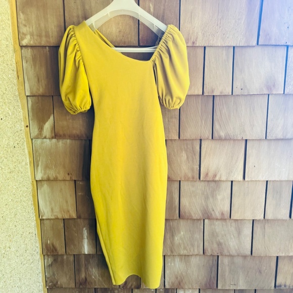 ASOS DESIGN Asymmetric Puff Sleeve Knot Tuck Midi Dress in Lime Size 2 - Picture 14 of 17